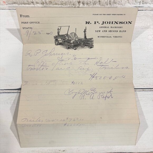 1920 R.P. Johnson Letterhead Handwritten Tractor & Trailer Wytheville VA RARE - Picture 2 of 7